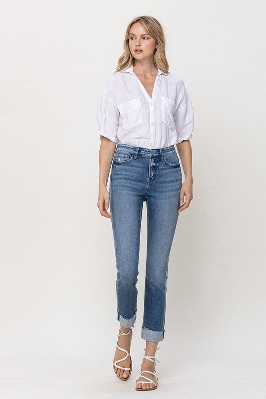 Mid-Rise Single Cuffed Crop Slim Straight Jeans