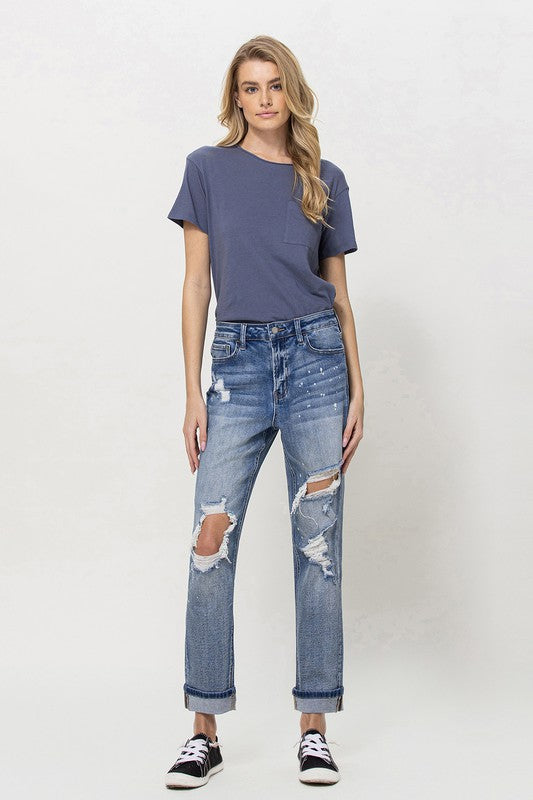 Stretch Mom Jeans w/ Spatter Detail and Cuff