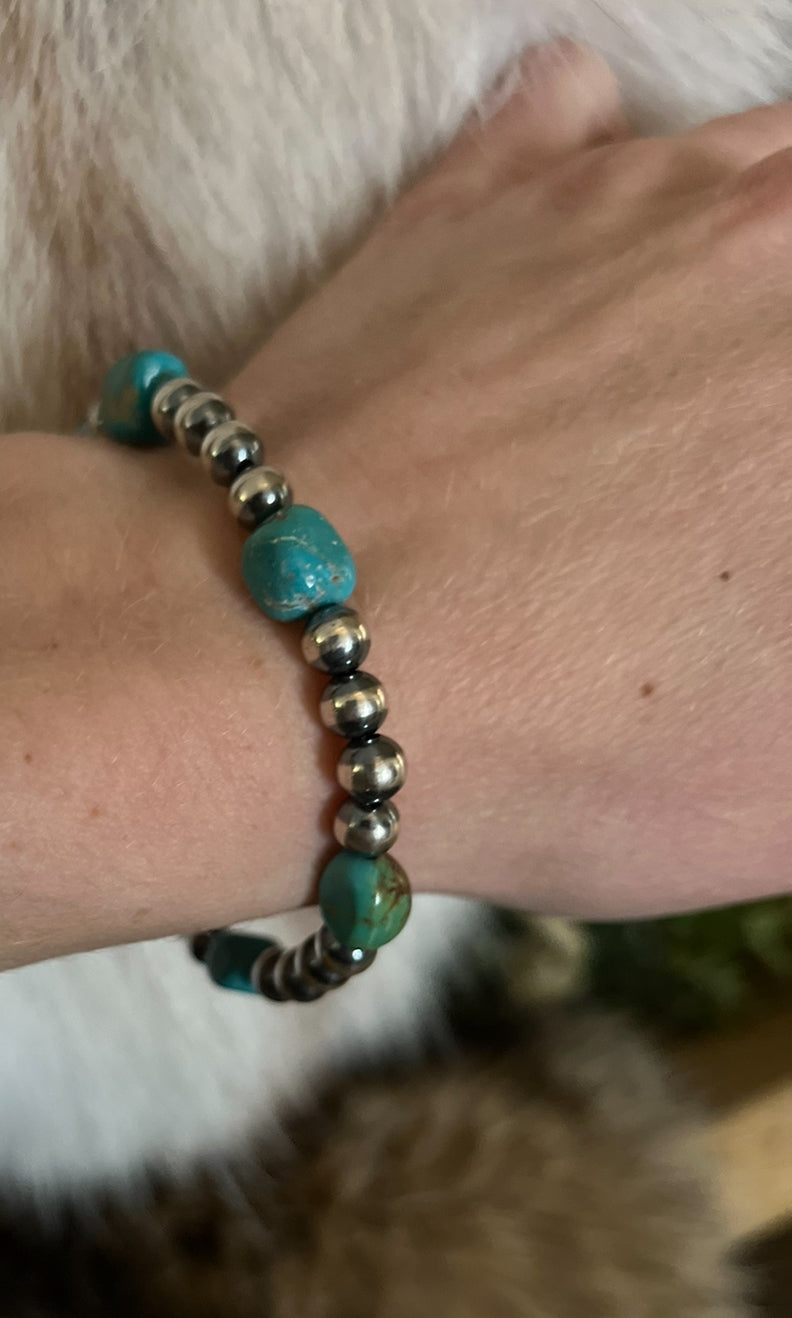 6mm Navajo Pearl and Real Turquoise Adjustable Bracelet