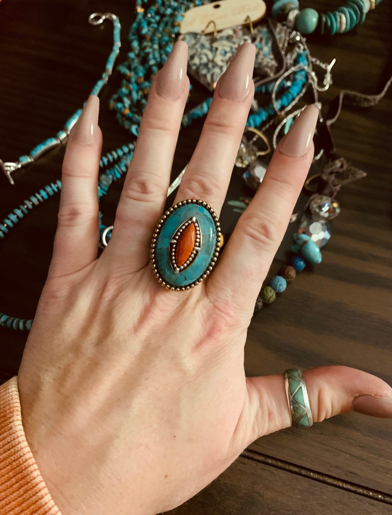 Size 9 1/4 Real Turquoise and Coral Sterling Silver Gold Plated