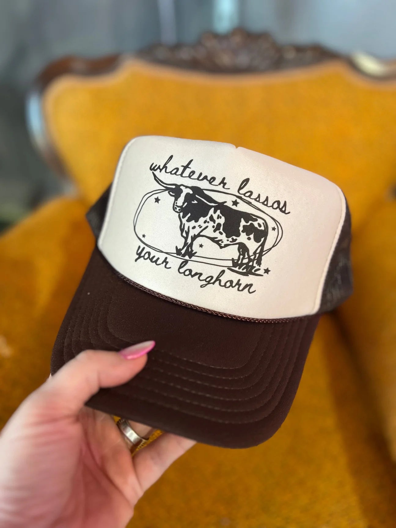 Whatever Lassos Your Longhorn Brown and Cream Trucker Hat