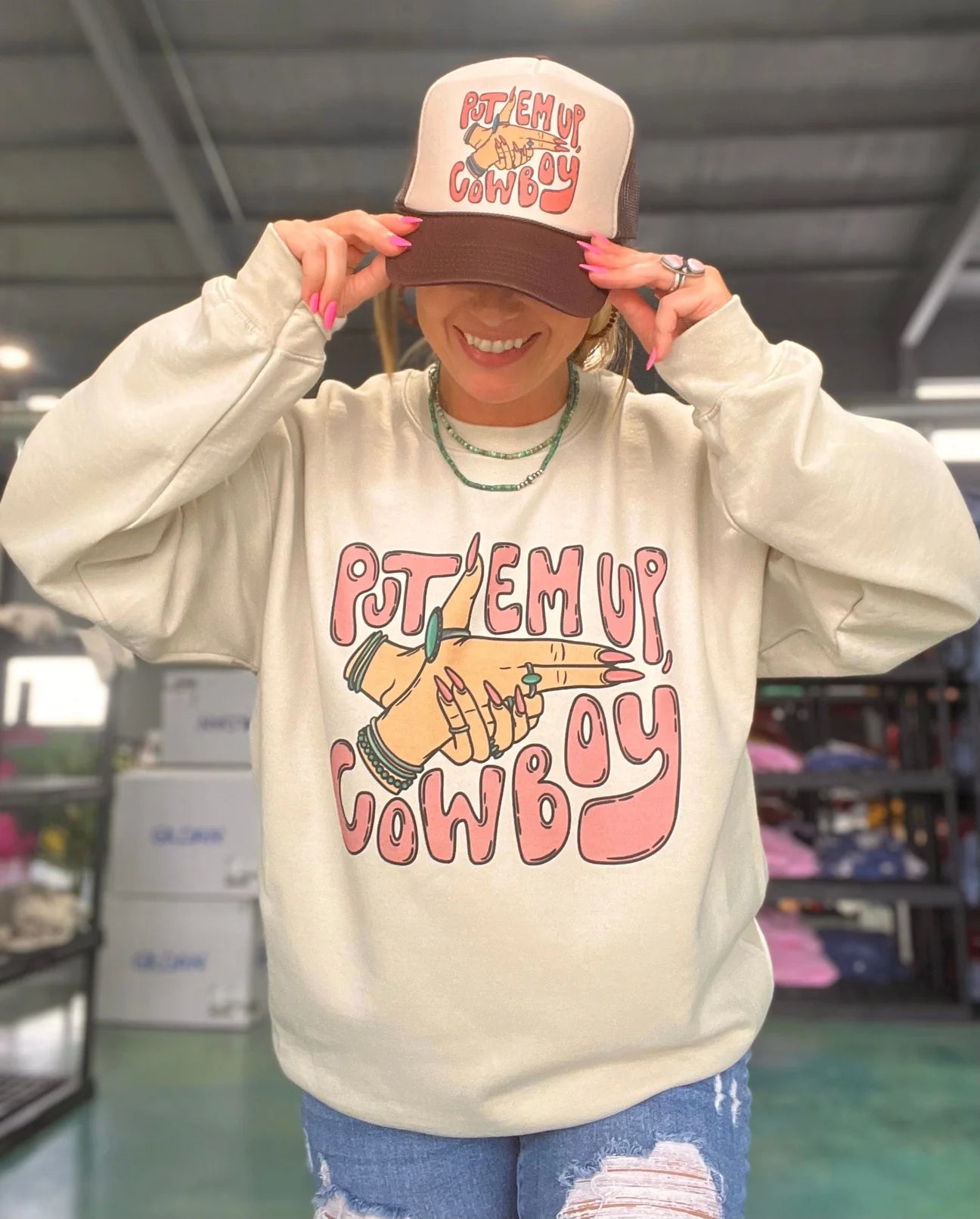 Put Em Up Cowboy Sweatshirt - Cream