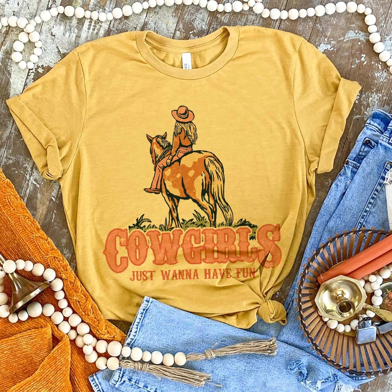 Cowgirls Just Wanna Have Fun Mustard Tee