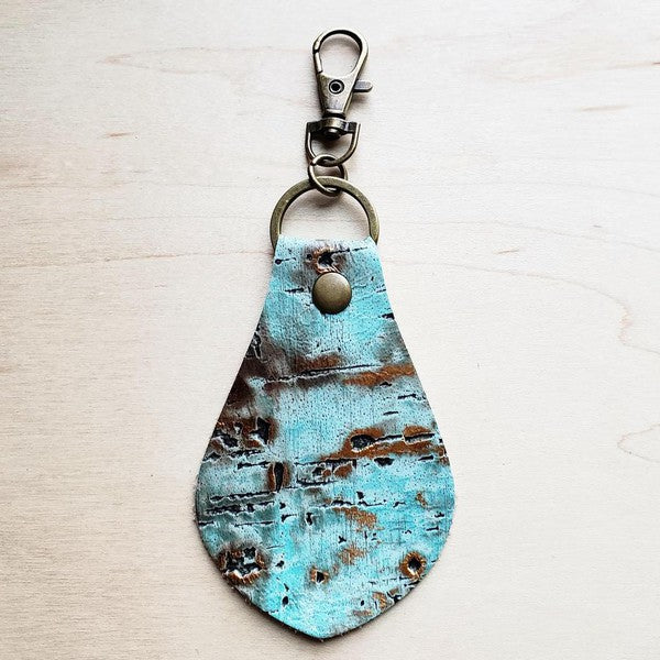 Embossed Leather Key Chain   Turquoise Metallic