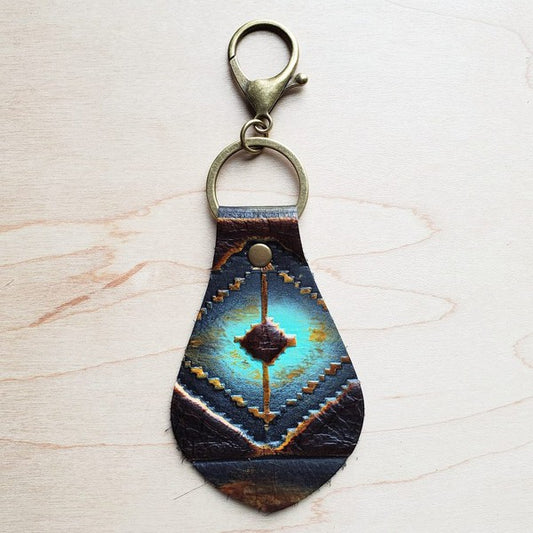 Embossed Leather Key Chain   Blue Navajo