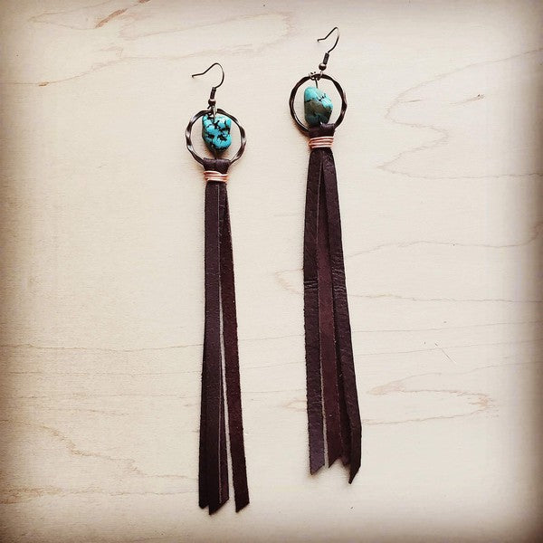 Turquosie Drop Earrings w/ Brown Leather Tassel