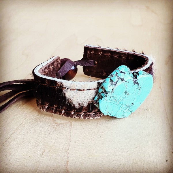 Narrow Leather Cuff w/ Turquoise Slab Brindle Hide