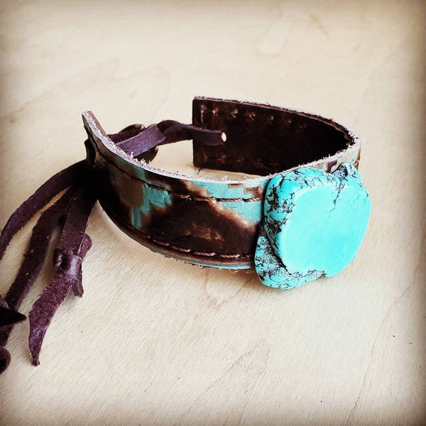 Narrow Leather Cuff w/ Turquoise Slab Santa Fe