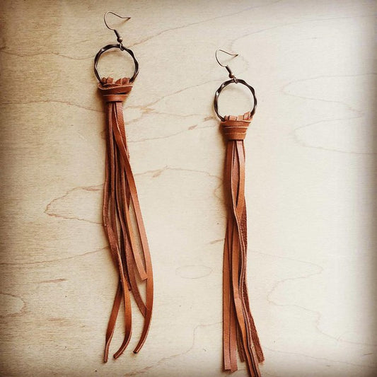 Deer Skin Leather Tassel Earring Saddle Tan