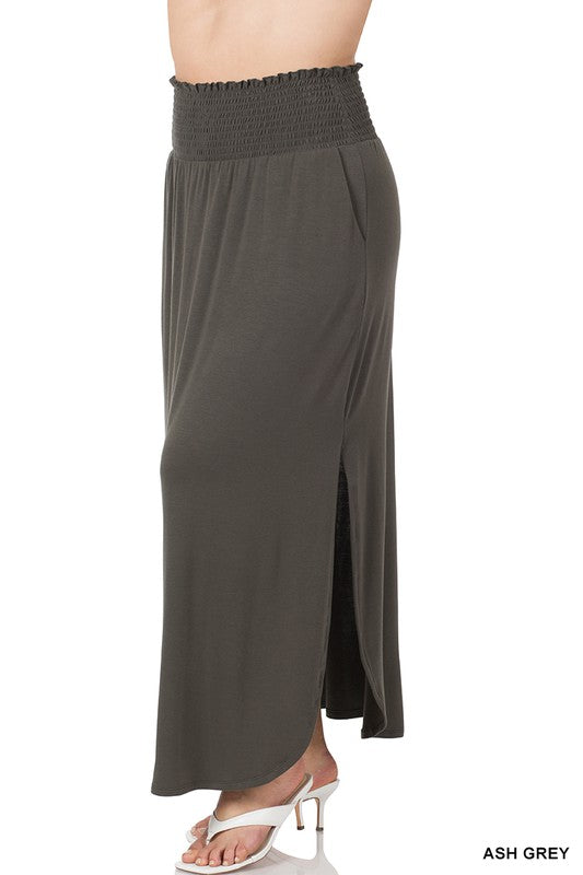 PLUS SMOCKED WAIST SIDE SLIT MAXI SKIRT