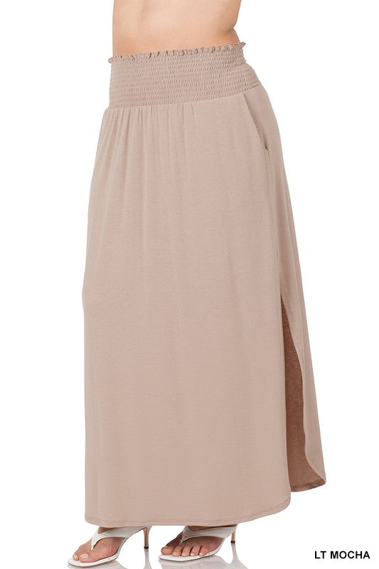 PLUS SMOCKED WAIST SIDE SLIT MAXI SKIRT