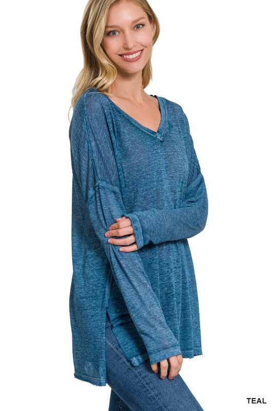 MELANGE BURNOUT DOLMAN SLEEVE V-NECK TOP