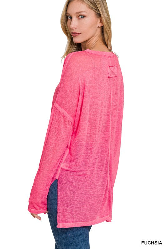 MELANGE BURNOUT DOLMAN SLEEVE V-NECK TOP