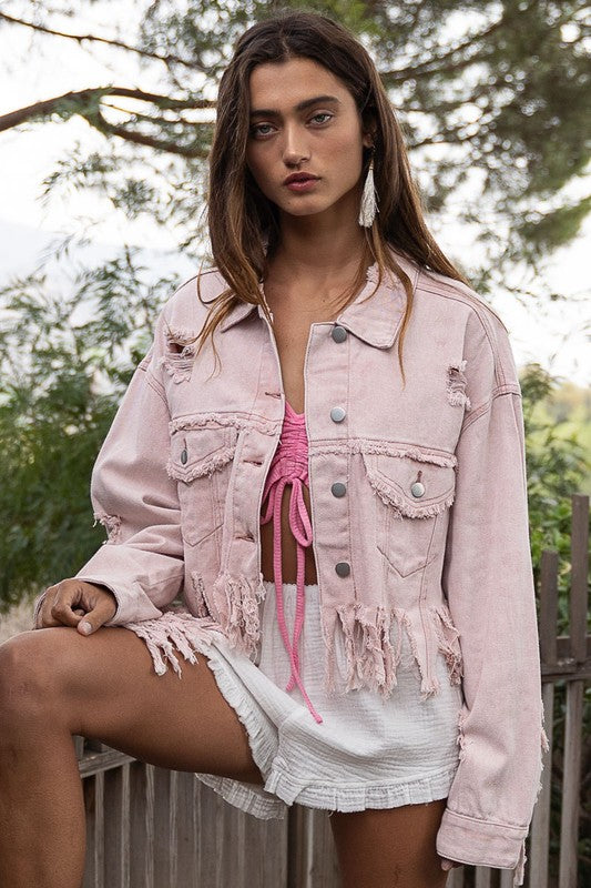 Fringe Distressed Crop Denim Jacket