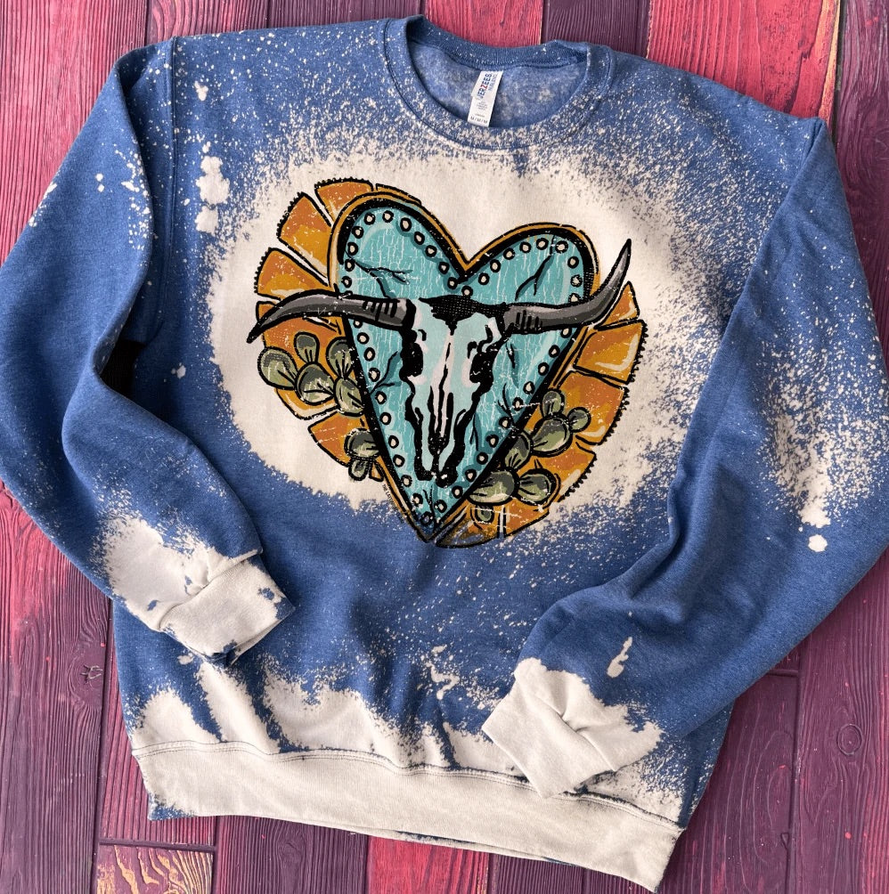 Crooked Horn with Heart Bleached Heather Blue Sweatshirt