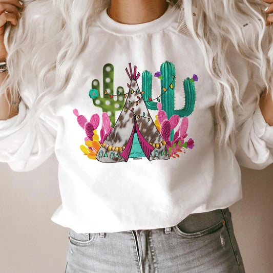 Christmas Cactus Teepee Sweatshirt - White