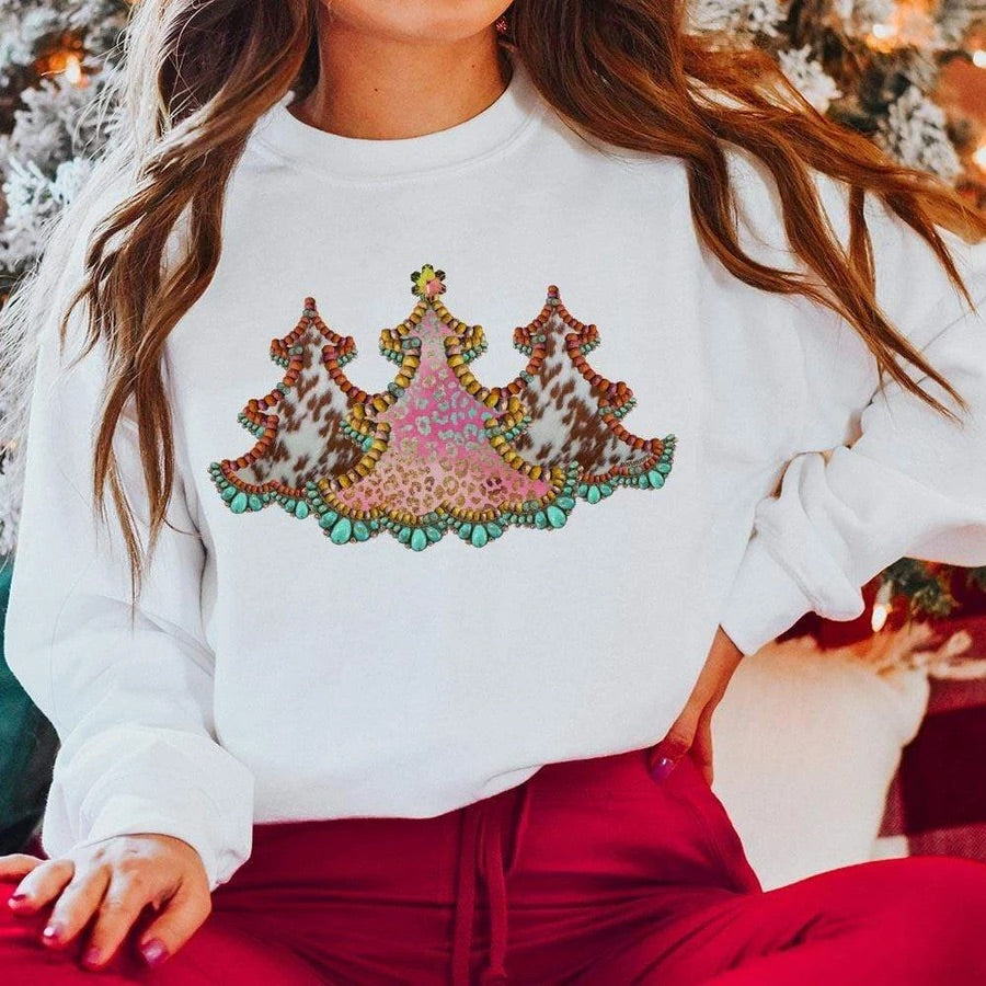 Cowhide Christmas Trees Sweatshirt - White