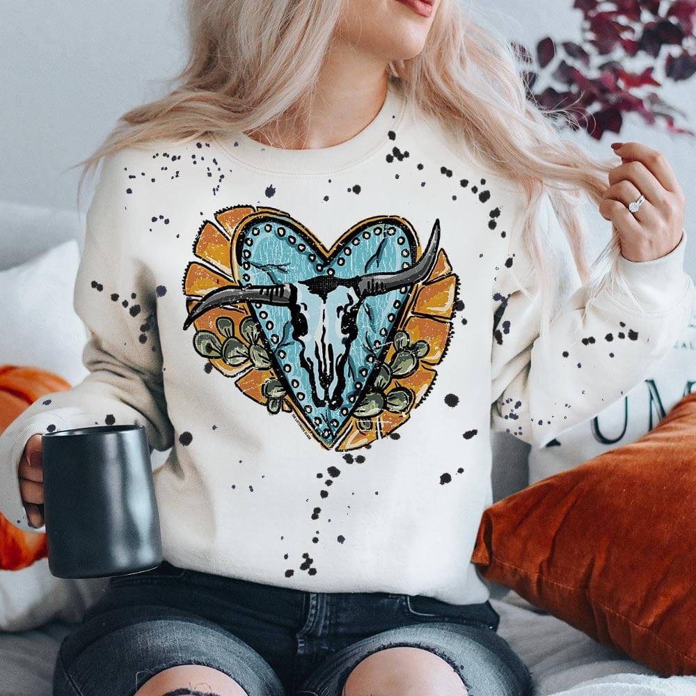 Crooked Horn with Heart Splatter Sweatshirt - White