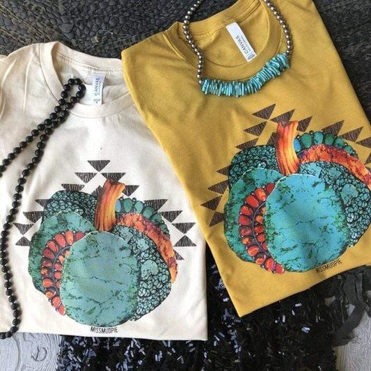 Turquoise Pumpkin Tee - Mustard