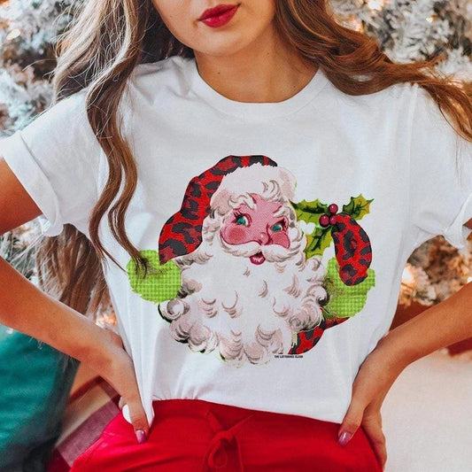 Red Leopard Santa Tee - White