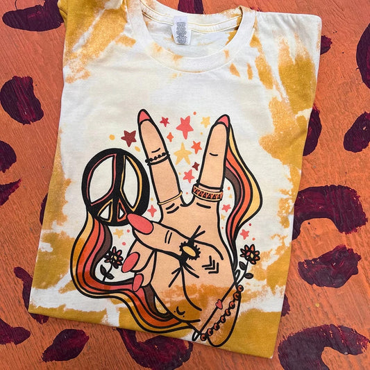 Groovy Peace Hand Bleached Tee - Mustard