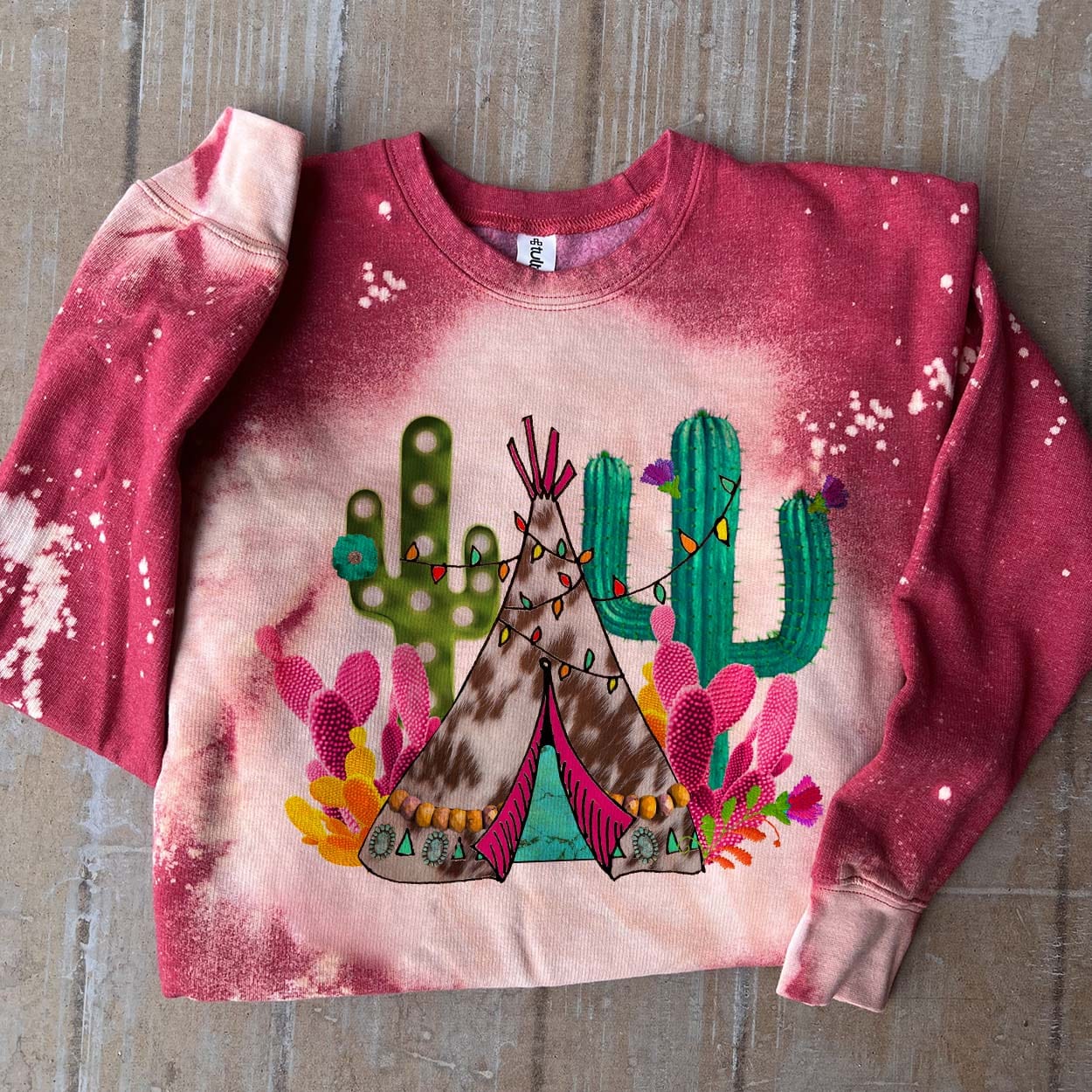 Christmas Cactus Teepee Sweatshirt - Red Bleached