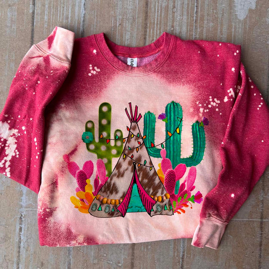 Christmas Cactus Teepee Sweatshirt - Red Bleached