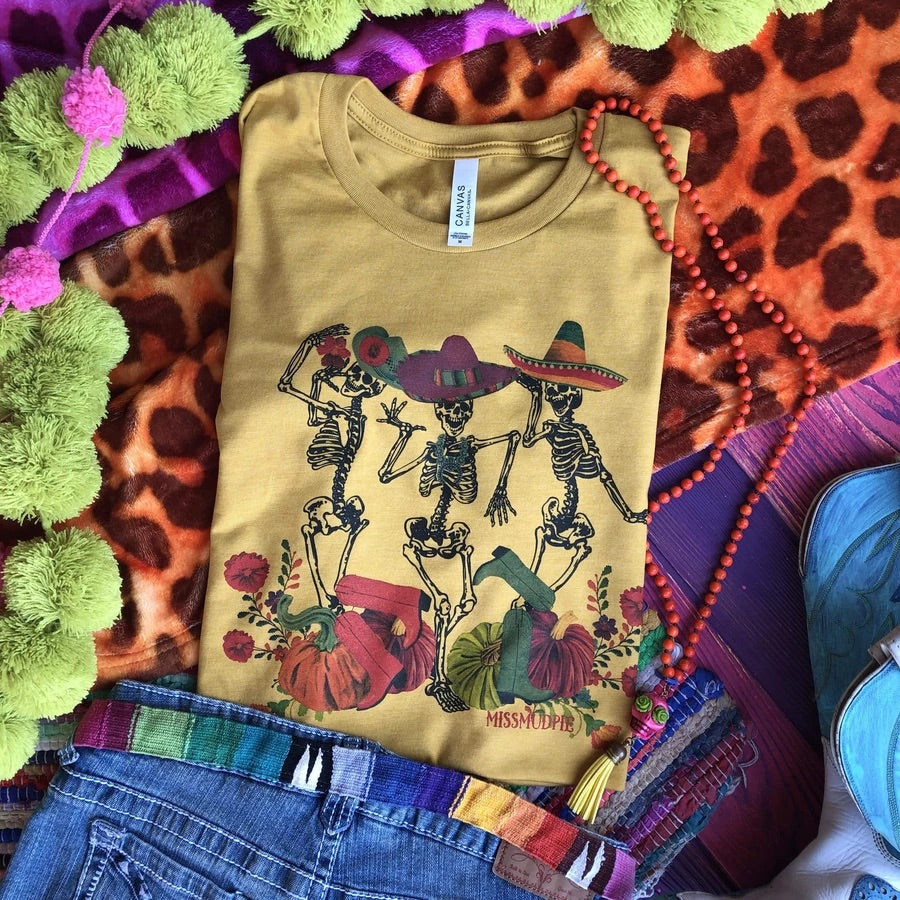 Dancing Skeletons Tee - Heather Mustard