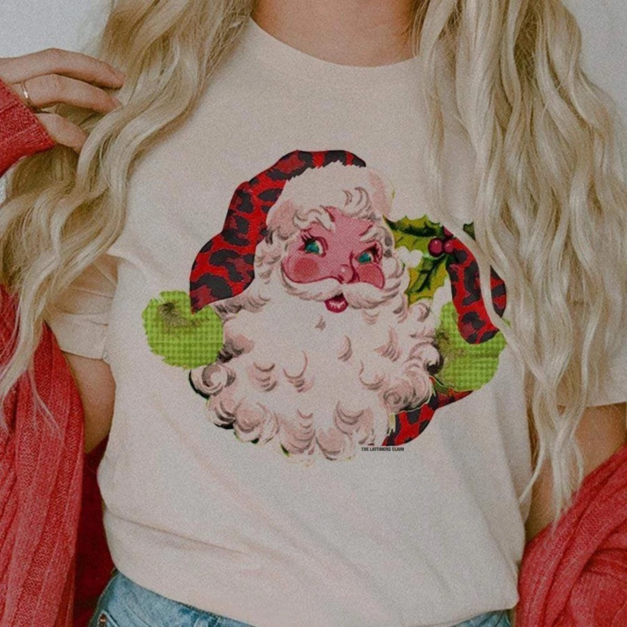 Red Leopard Santa Tee - Cream