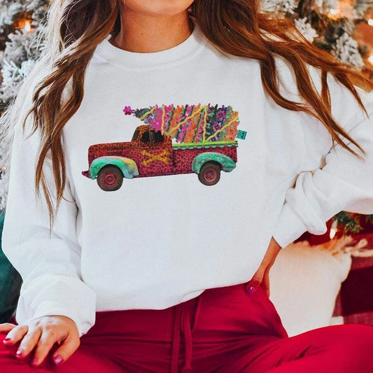 Leopard Print Christmas Truck Sweatshirt - White